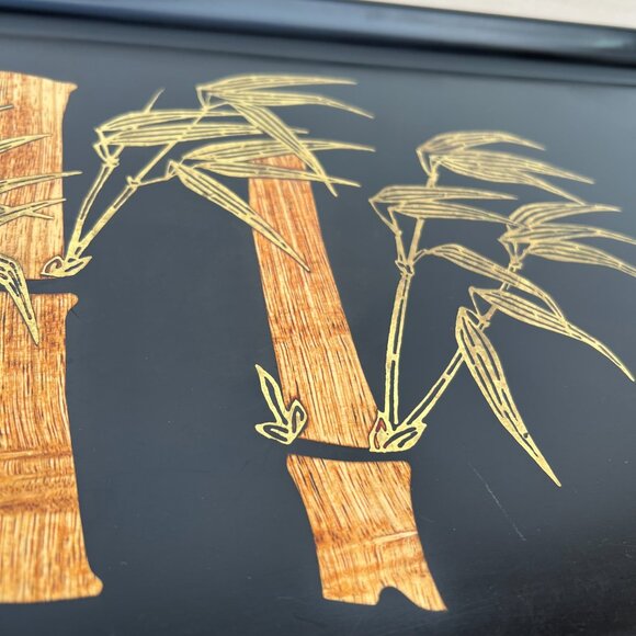 Vintage Couroc Monterey MCM Inlaid Brass Teak Wood Bamboo Rectangle Serving Tray - Picture 9 of 16